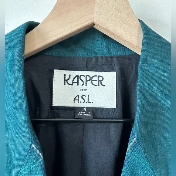 Teal Green Vintage Plaid Blazer By KASPER for ASL Size 14